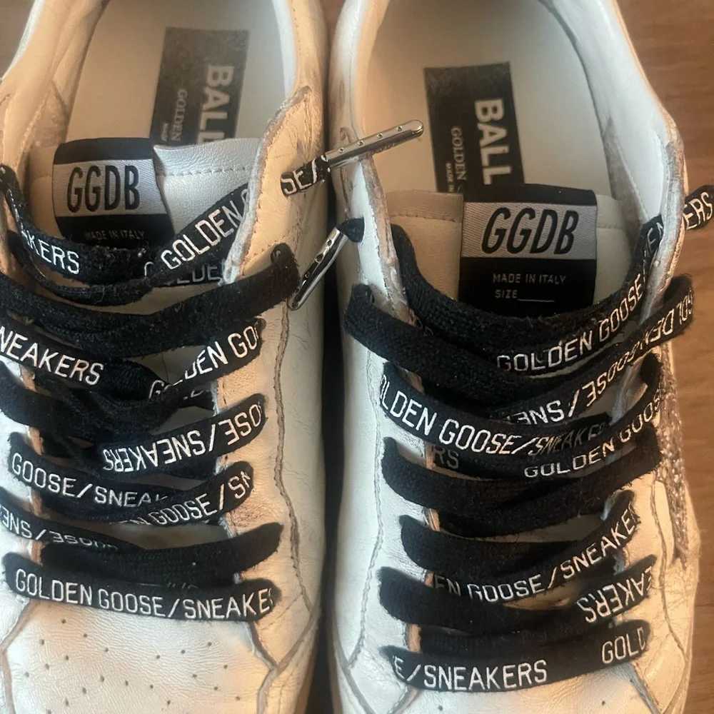 Golden Goose White Leather Low-Top Sneakers with Silver Glitter Star